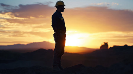 A miner silhouette against the backdrop of an open mine. celebrationの素材