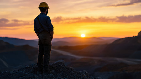 A miner silhouette against the backdrop of an open mine. celebrationの素材