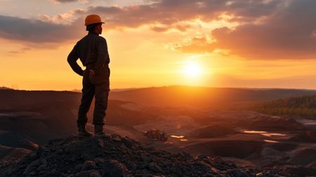 A miner silhouette against the backdrop of an open mine. celebrationの素材