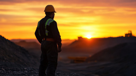 A miner silhouette against the backdrop of an open mine. celebrationの素材