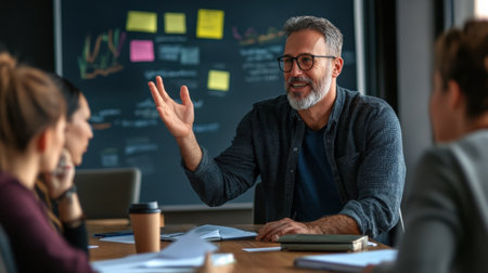 A team leader businessperson giving constructive feedback during a group discussionの素材