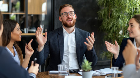 A team leader businessperson giving constructive feedback during a group discussionの素材