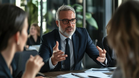 A team leader businessperson giving constructive feedback during a group discussionの素材