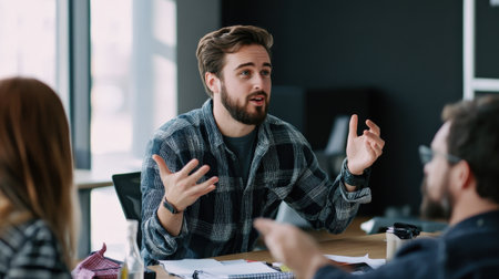 A team leader businessperson giving constructive feedback during a group discussionの素材