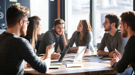 A team leader businessperson giving constructive feedback during a group discussionの素材