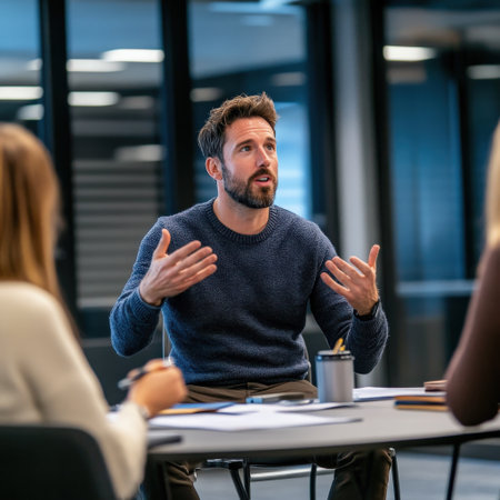 A team leader giving constructive feedback during a group discussion.の素材