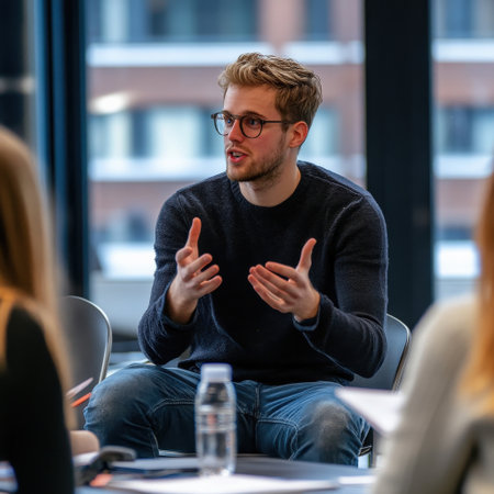 A team leader giving constructive feedback during a group discussion.の素材