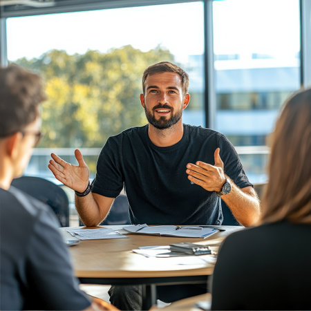 A team leader giving constructive feedback during a group discussion.の素材