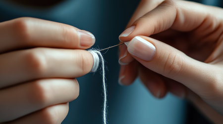A close-up of hands showing how to thread a needle for sewing.の素材