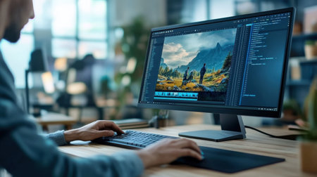 A person demonstrating how to edit photos on a computer.の素材