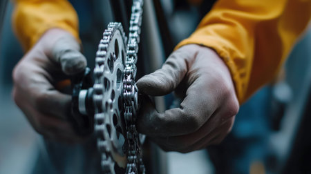 A close-up of hands demonstrating how to put on a bicycle chain.の素材