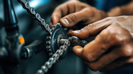 A close-up of hands demonstrating how to put on a bicycle chain.の素材