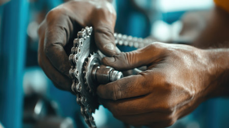 A close-up of hands demonstrating how to put on a bicycle chain.の素材