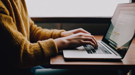 A person demonstrating how to create a blog post on a laptop.の素材