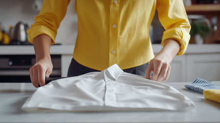 A person showing how to iron a shirt with perfect creases.の素材