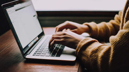 A person demonstrating how to create a blog post on a laptop.の素材