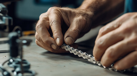 A close-up of hands demonstrating how to put on a bicycle chain.の素材