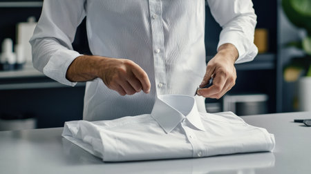 A person showing how to iron a shirt with perfect creases.の素材