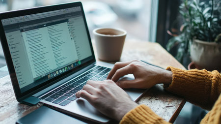A person demonstrating how to create a blog post on a laptop.の素材
