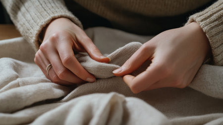 A close up of hands showing how to fold clothes for storage.の素材