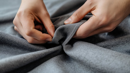 A close up of hands showing how to fold clothes for storage.の素材