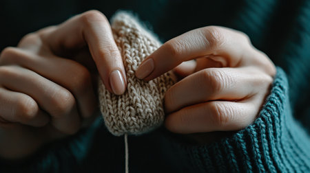 A close-up of hands showing how to knit a hat.の素材