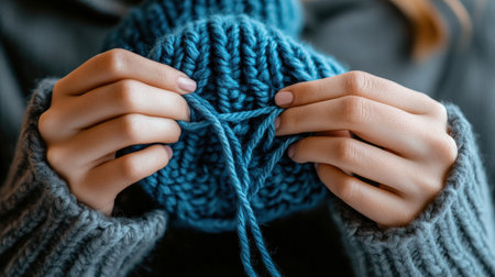 A close-up of hands showing how to knit a hat.の素材