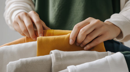 A close up of hands showing how to fold clothes for storage.の素材