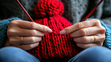 A close-up of hands showing how to knit a hat.の素材
