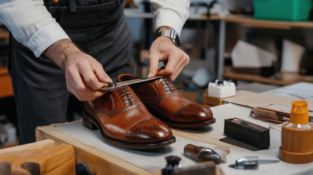 A person showing how to polish shoes to a shineの素材