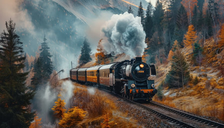 Steam locomotive on the background of mountains and forests in autumn.の素材