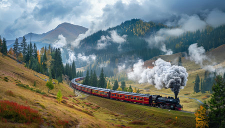 Steam locomotive on the background of the autumn mountains. The concept of travel and tourismの素材