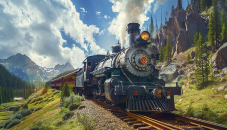 Steam locomotive in the mountains of Kyrgyzstan. This is a 3d render illustrationの素材