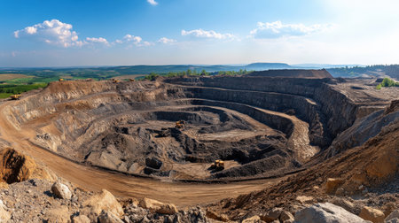 A panoramic view of a bustling open-pit mine.の素材