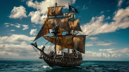 Vintage sailing ship in the sea. 3d render illustration.の素材