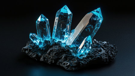 Luminous blue crystals glowing on black, intricate shapes and vibrant light for a striking effectの素材