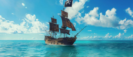 pirate ship in the sea. 3d render. 3d illustrationの素材
