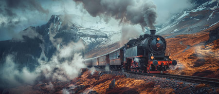 Steam locomotive on the background of high mountains. 3d renderingの素材