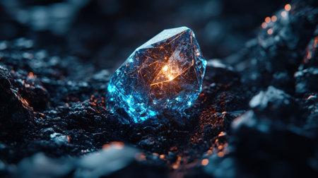 Blue crystal on black coal background. 3D Rendering, 3D illustrationの素材
