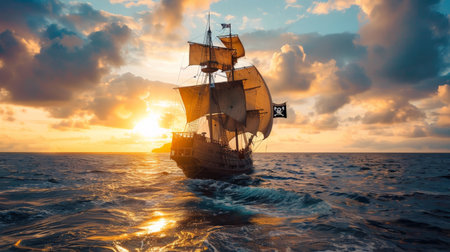 Sailing ship in the sea at sunset. Panoramic view.の素材