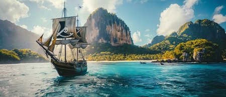 Tropical island with a sailboat in the sea. Panoramaの素材