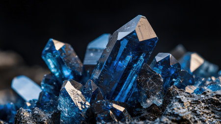 Blue sapphire crystals on black background. Macro shot with shallow depth of fieldの素材