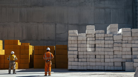 Miners standing next to large stacks of extracted minerals.の素材