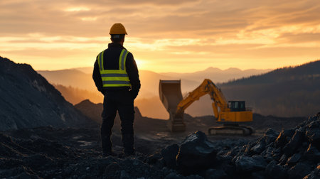 A miner silhouette against the backdrop of an open mine. celebrationの素材