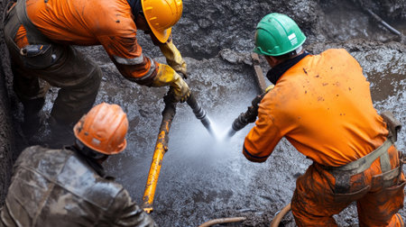 Workers using high-pressure water jets for extraction. Miner in the mineの素材