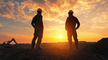 two A miner silhouette against the backdrop of an open mine. celebration sunsetの素材