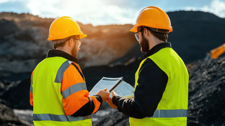 Engineers discussing mine safety protocols on-site.の素材