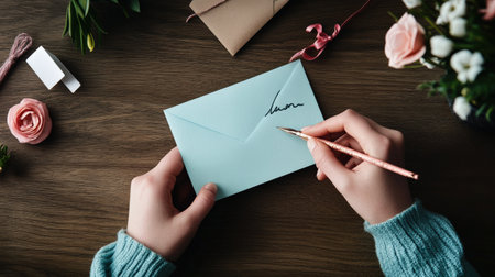 A person explaining how to write a thank-you note by hand.の素材