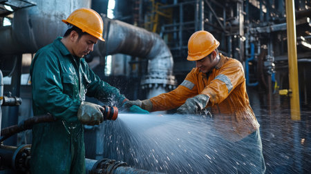 Workers using high-pressure water jets for extraction. Miner in the mineの素材