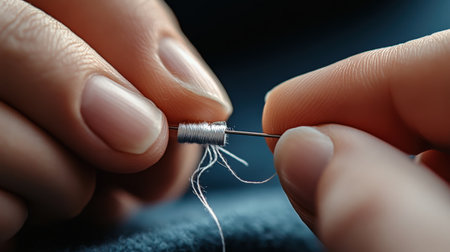 A close-up of hands showing how to thread a needle for sewing.の素材